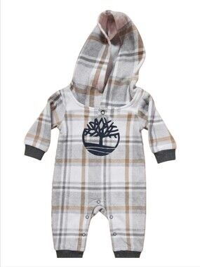 Timberland Plaid Baby Fleece Hooded Romper 6-9mos EUC